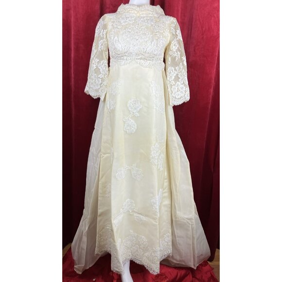 Vintage 60s Jackie O Style Wedding Dress Funnel Neck Detachable Train - Picture 1 of 7